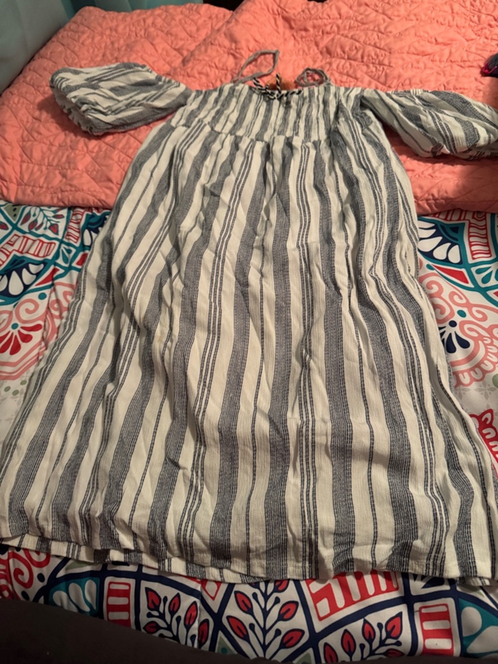 Girls Off-Shoulder Striped Cotton Dress - White & Navy